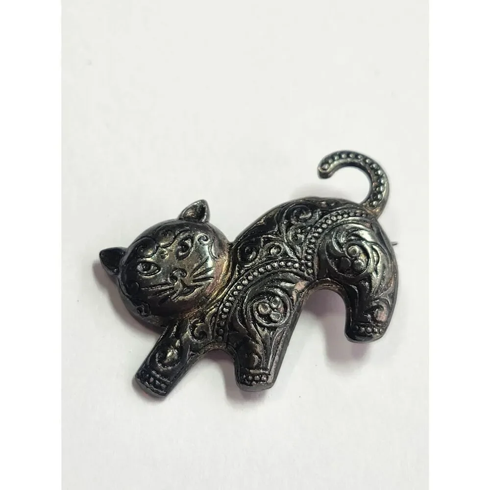 Art Deco Vintage Ornate Cat Brooch Pin - Decorative Cat Spain Silver Tone